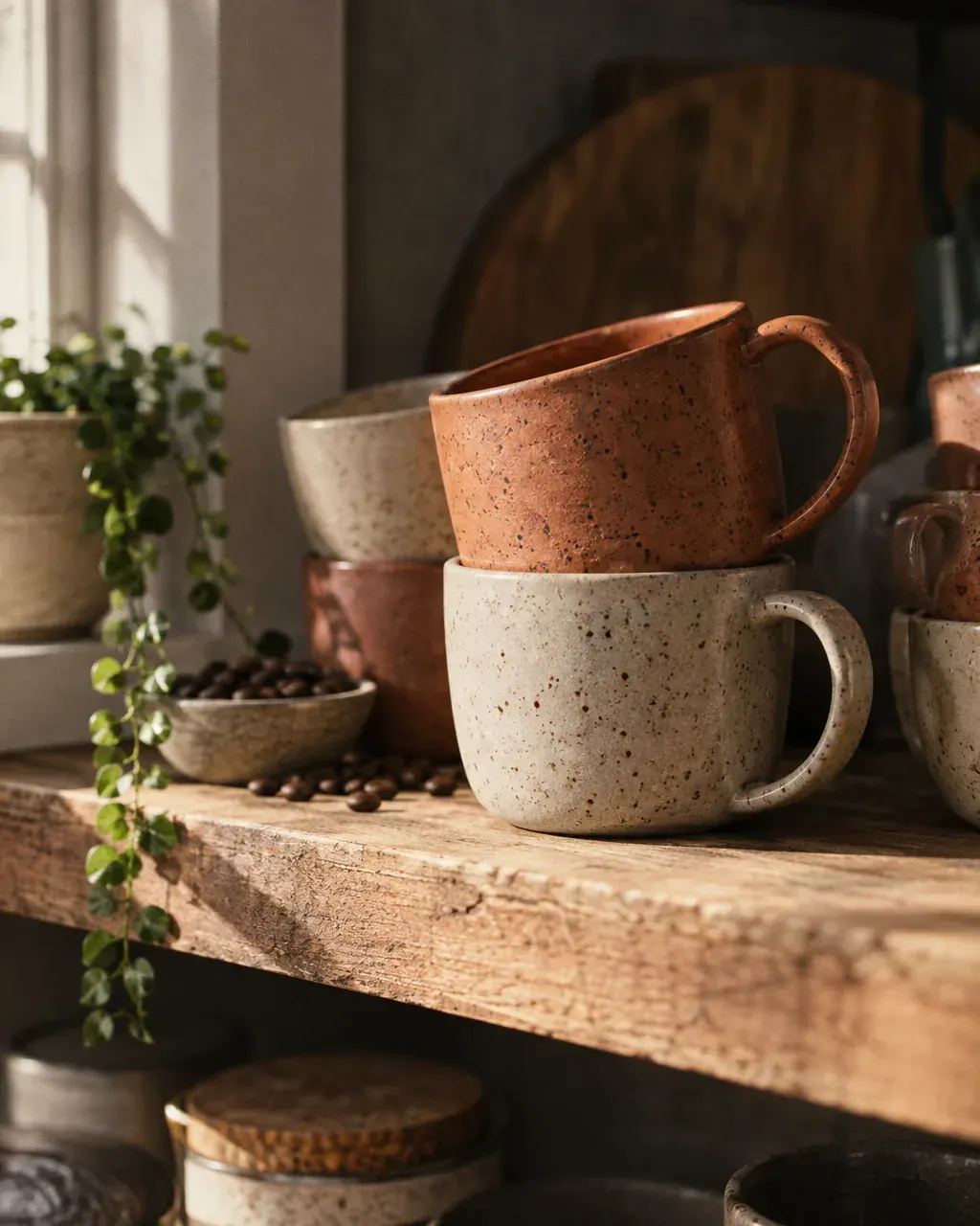 Stacked stoneware cups