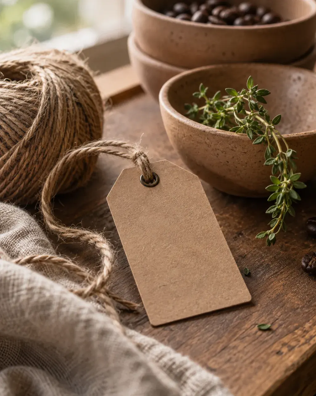 Clay and moss colour swatches with twine