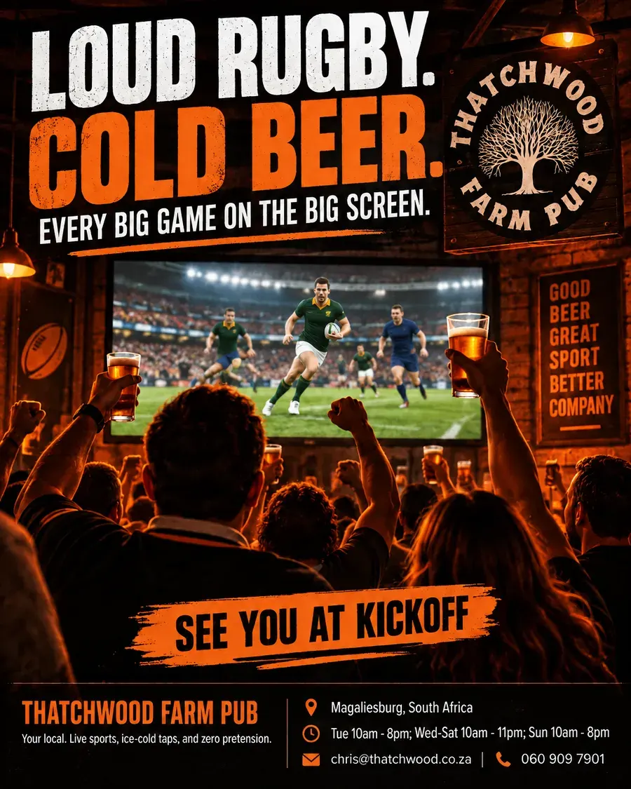 Moteef ad for Thatchwood Farm Pub: Loud rugby. Cold beer.